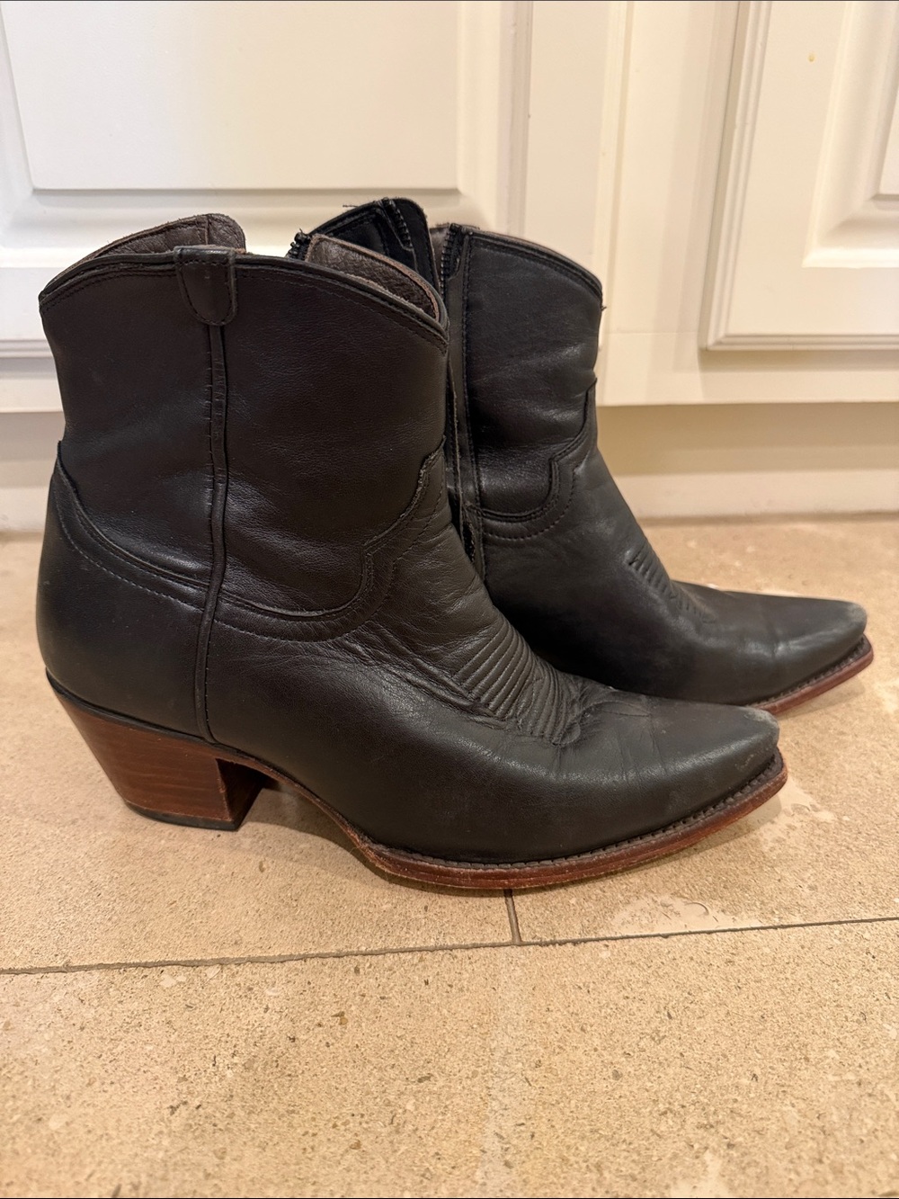 Tecovas Black Leather Western Ankle Boots with Stacked Heel